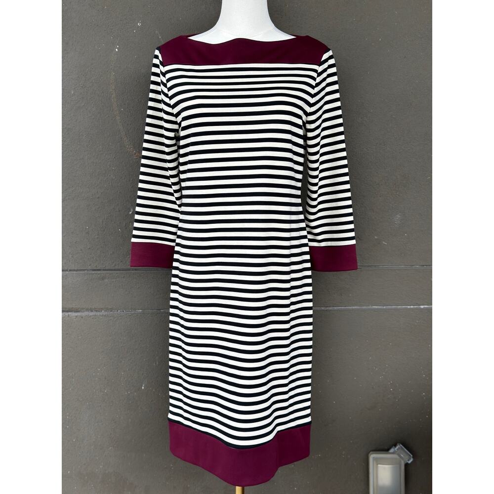 Isaac Mizrahi Women's Medium 3/4 Sleeve White Burgundy Stripe Shift Midi Dress
